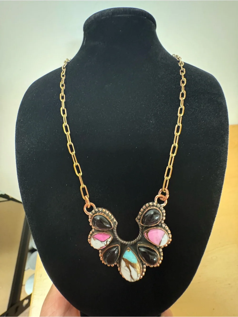 Copper Multicolor Naja Statement Necklace in cotton candy and black onyx